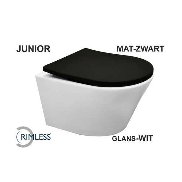 Vesta-Junior rimless wandcloset wit+ Shade zitting mat zwart