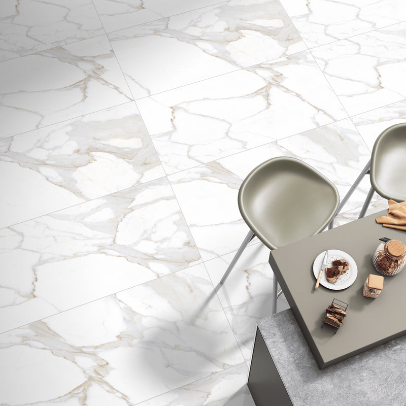 Vloertegel Calacatta Jade Wit 60x120 cm Rechthoek – Porselein Hoogglans Gerectificeerd – Marmerlook met Grijze Adering