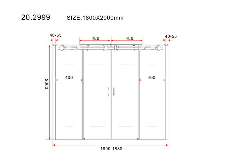 Porte coulissante à niche coulissante double 1800 x 2000 x 8 mm verre nano clair/noir mat