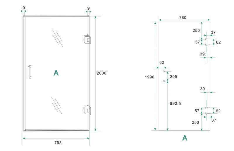 Less nisdeur rechts 800 x 2000 x 8 mm nano spiegelrook- naar helder glas/geborsteld staal