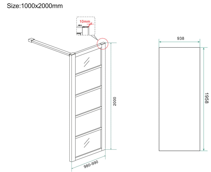 Horizon inloopdouche met raster 1000 x 2000 x 8 mm nano helder glas/mat zwart