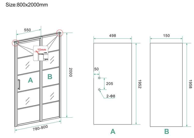 Horizon nisdeur met vast deel en raster 800 x 2000 x 8mm nano helder glas/mat zwart