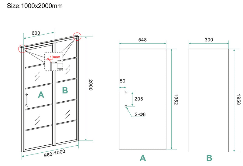Porte niche Horizon avec partie fixe et grille 1000 x 2000 x 8mm verre nano clair/noir mat
