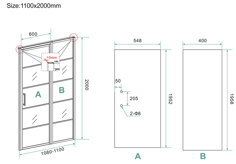 Horizon nisdeur met vast deel en raster 1100 x 2000 x 8mm nano helder glas/mat zwart