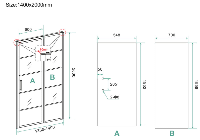 Porte niche Horizon avec partie fixe et grille 1400 x 2000 x 8mm verre nano clair/noir mat
