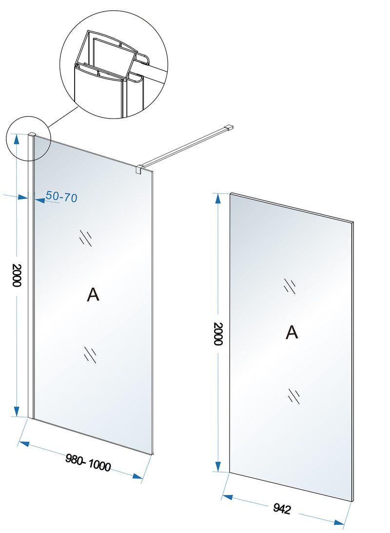 Comfort inloopdouche 1000 x 2000 x 10 mm nano helder glas/chroom