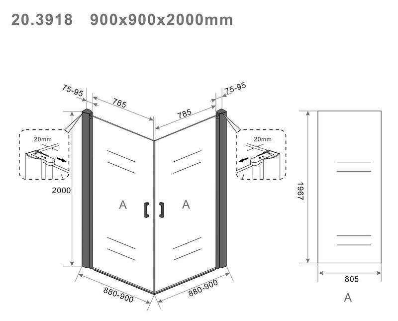 Cabine salon avec 2 portes tournantes 900 x 900 x 2000 x 8 mm verre nano clair/noir mat