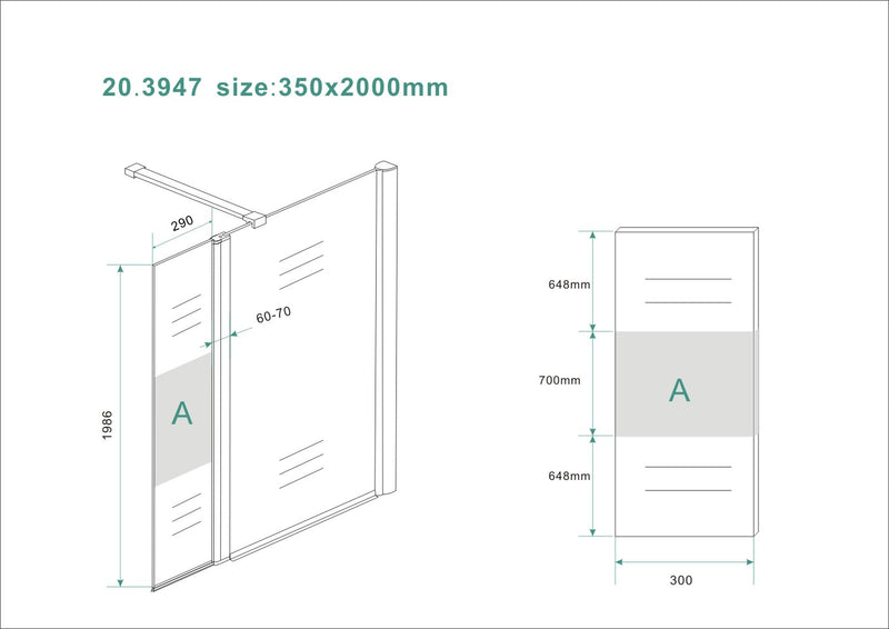 Comfort zijwand draaibaar rechts 350 x 2000 x 10 mm nano helder glas met melkglas middenband/chroom