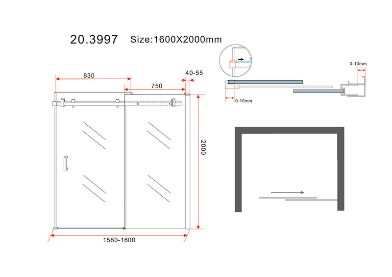 Slide nis schuifdeur 1600 x 2000 x 8 mm nano helder glas/chroom