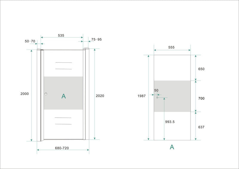 Porte partiellement niche droite 700 x 2000 x 8 mm verre nano clair avec bande centrale en verre dépoli/chrome