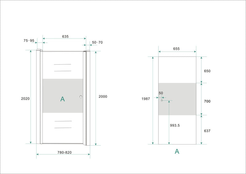Partly nisdeur links 800 x 2000 x 8 mm nano helder glas met melkglas middenband/chroom