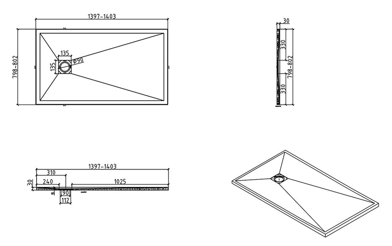 Stonea douchebak antislip composiet 800x1400x30 mm inkortbaar mat wit