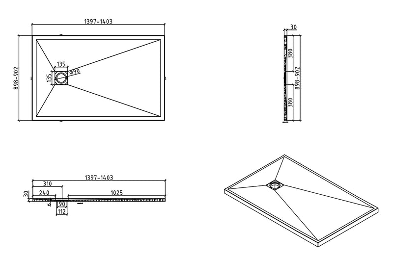 Stonea douchebak antislip composiet 900x1400x30 mm inkortbaar mat wit