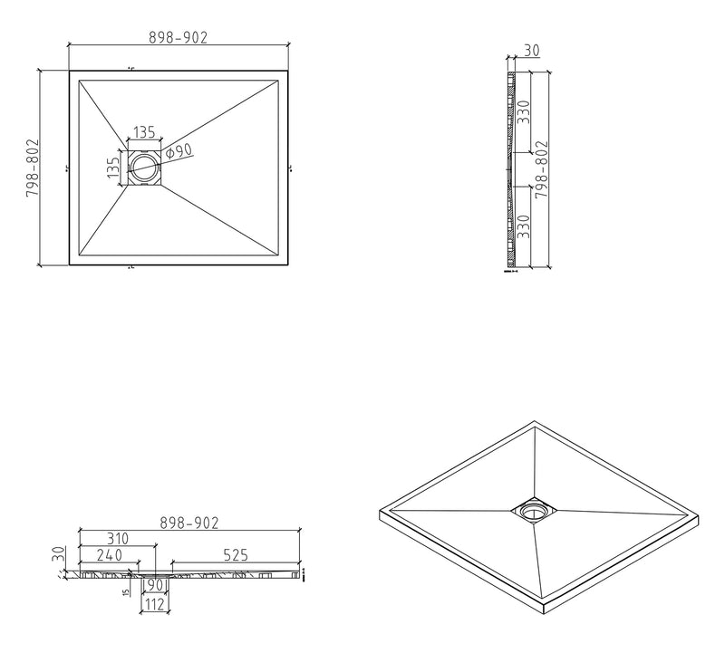 Stonea douchebak antislip composiet 800x900x30 mm inkortbaar mat zwart