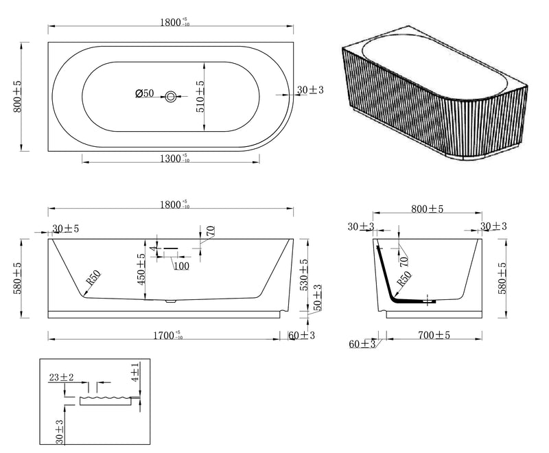 Rivi hoekbad links 180 x 80 cm acryl mat wit met waste mat wit