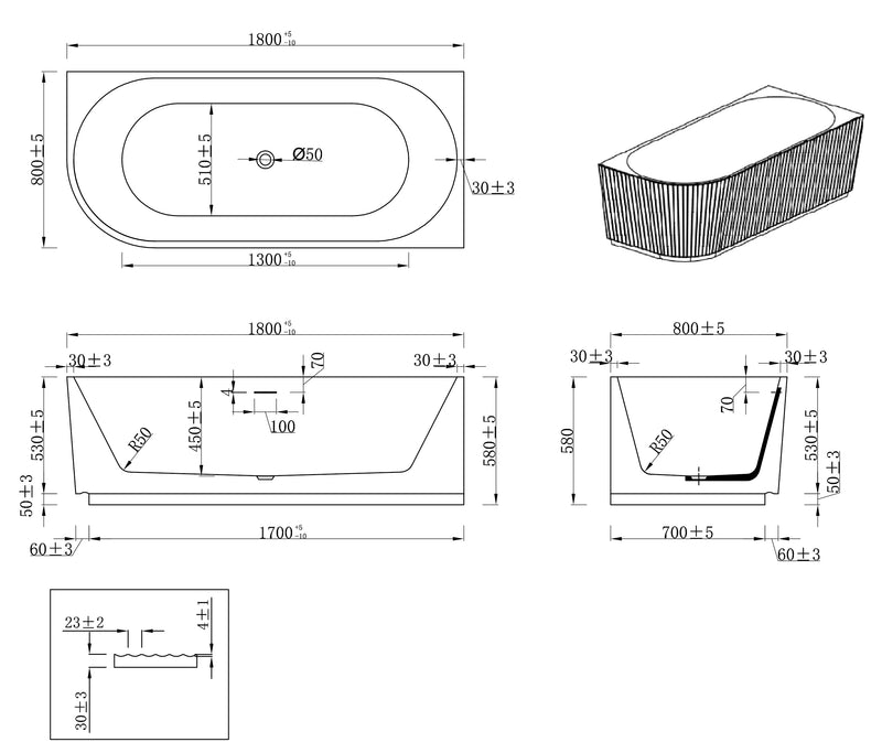Rivi hoekbad rechts 180 x 80 cm acryl mat wit met waste mat wit