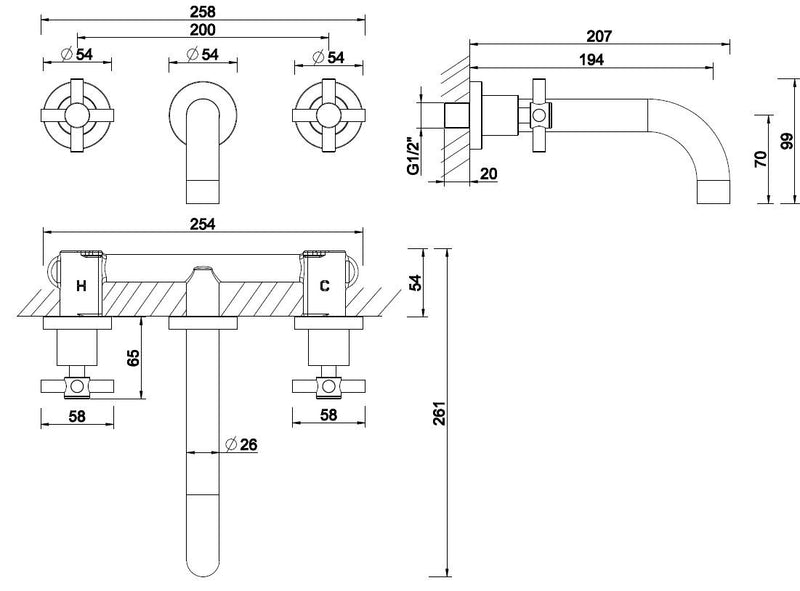 Pièce de finition croisée pour robinet de lavabo 2 boutons à encastrer en acier brossé