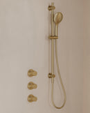 Caral inbouwthermostaat 2 stopkranen compleet met Beam hoofddouche glijstang en 3 standen handdouche geborsteld messing