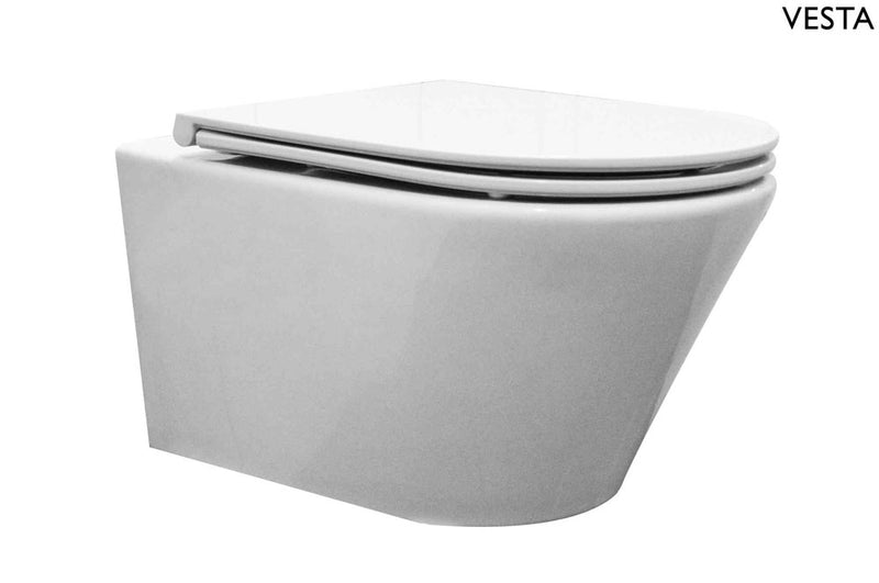 WC suspendu Vesta avec abattant Flatline à fermeture amortie et dégagement rapide blanc brillant