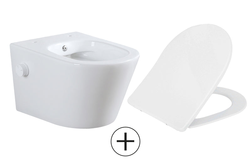 Vesta wandcloset rimless met bidetkraan koud water met Shade slim toiletzitting glans wit