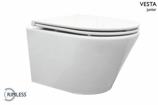 WC suspendu Vesta junior sans rebord raccourci avec abattant Flatline fermeture amortie et dégagement rapide blanc brillant
