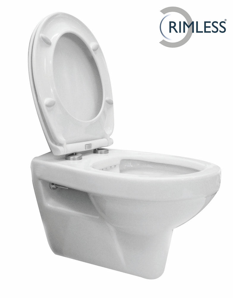 WC suspendu Trevi sans rebord avec abattant Ultimo 3.0 à fermeture douce et à dégagement rapide blanc brillant