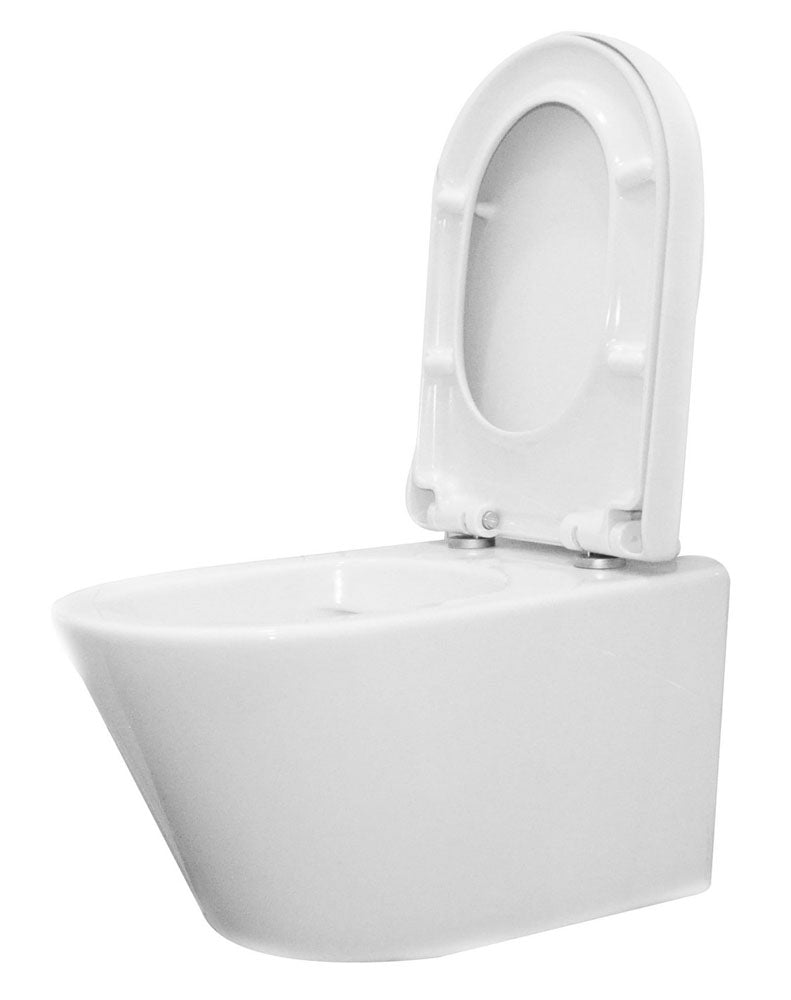 WC suspendu Vesta sans rebord avec abattant Vesta à fermeture douce et à dégagement rapide blanc brillant