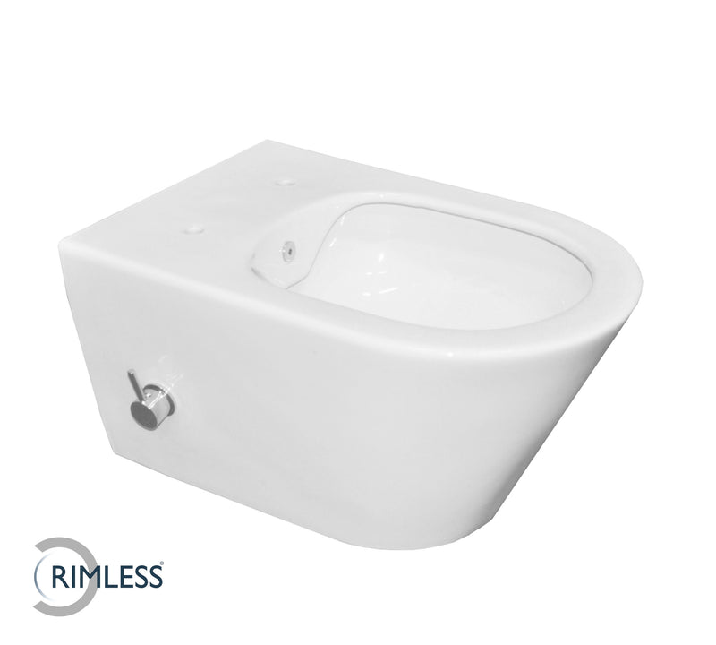 WC stéréo suspendu sans rebord avec robinet de bidet eau chaude et froide blanc brillant