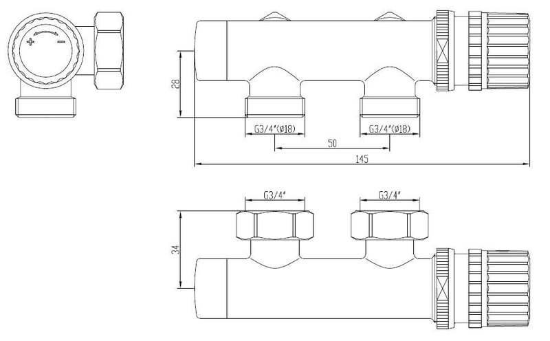 thermostatique 3/4 bloc inférieur carré-droit chrome