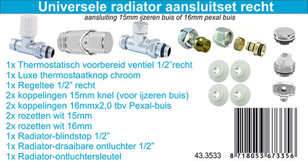 Luxe therm. rad. aansluitset recht chroom