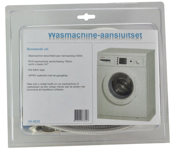 RVS wm aansluitset 150cm+kraan+waterslot