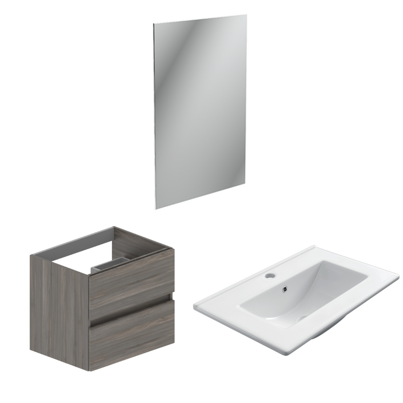 Meuble de salle de bain Cancun 60 Chêne gris - 2 Tiroirs avec vasque et miroir - Futurbath