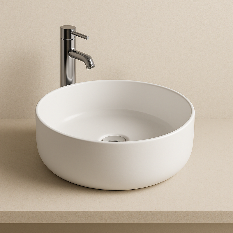 Lavabo AquaVik rond Ørb en céramique à poser blanc 36x36x12 cm