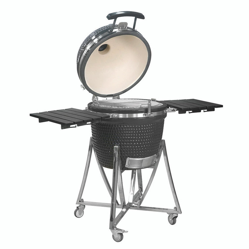 Landmann Kamado Barbecue 22 Inch Large - Ceramic Charcoal BBQ - With Trolley Base &amp; Side Tables - Including Thermometer &amp; Grill - 10+ Steaks Capacity - Grey - Black