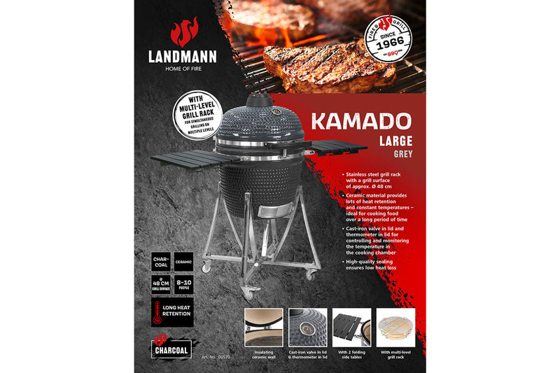 Landmann Kamado Barbecue 22 Inch Large - Ceramic Charcoal BBQ - With Trolley Base &amp; Side Tables - Including Thermometer &amp; Grill - 10+ Steaks Capacity - Grey - Black