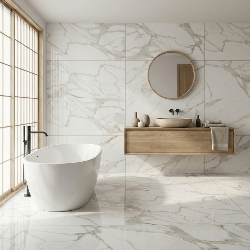 Vloertegel Calacatta Jade Wit 80x160 cm Rechthoek – Hoogglans Gerectificeerd – Marmerlook met Grijze Adering