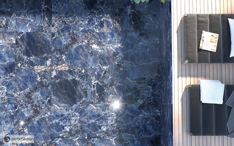 Carrelage de sol Galaxy Blue 60x120 cm Rectangle - Porcelaine Haute Brillance Rectifiée - Aspect Marbre Bleu Profond