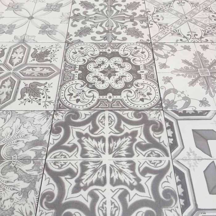Carrelage de sol Nikea Sephia Gris 20x20 cm Carré - Porcelaine Mat - Motif Victorien et Marocain R10