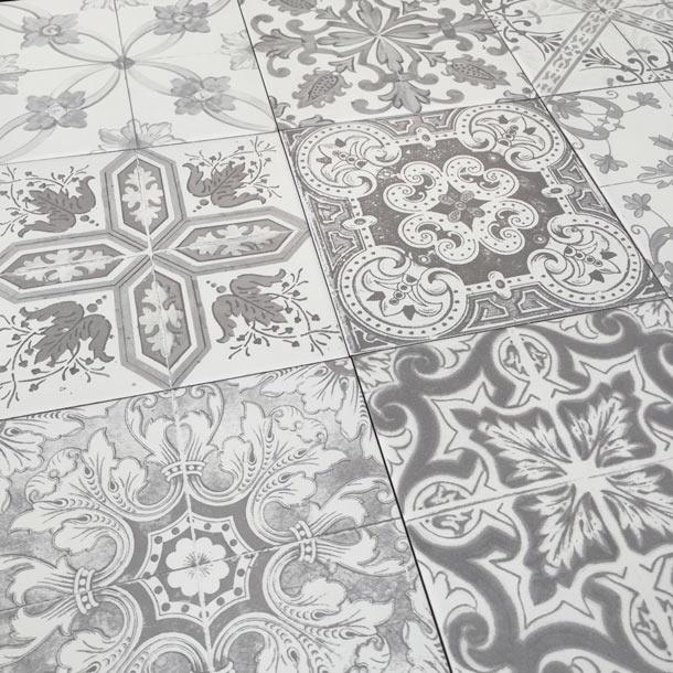 Carrelage de sol Nikea Sephia Gris 20x20 cm Carré - Porcelaine Mat - Motif Victorien et Marocain R10