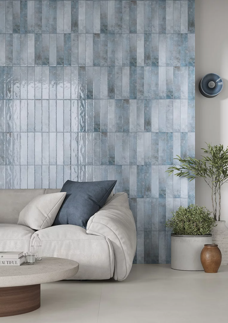 Carrelage mural Monpelli Blue Mix 6,5x29,8 cm Rectangle – Céramique Brillant Rectifié – Tons Bleu Méditerranéen