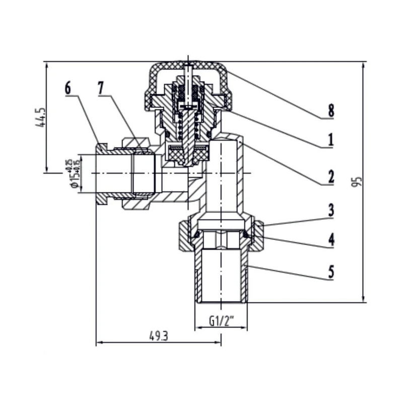 thermostatisch ventiel zonder knop 1/2 axiaal+adaptor